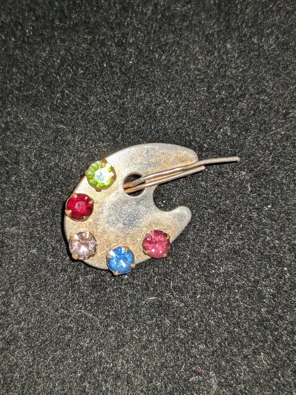 Vintage Artist Paint Palette Silver Tone Wire Brooch Pin Rhinestones